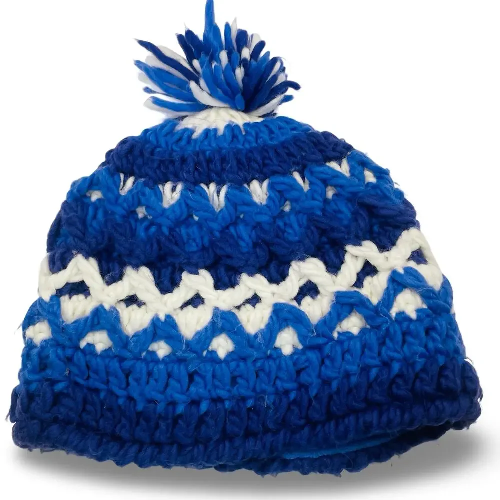 LL Bean Kids Medium Beanie Hat Blue Purple Knit Pom Fleece Lined Winter Ski Cap